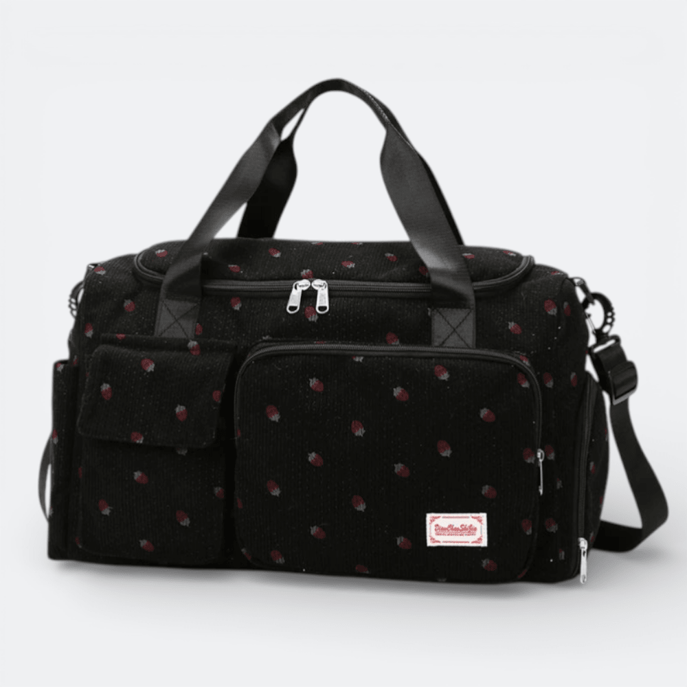 Sac de Voyage en Velours Côtelé Fraises Noir - | AïtaVia