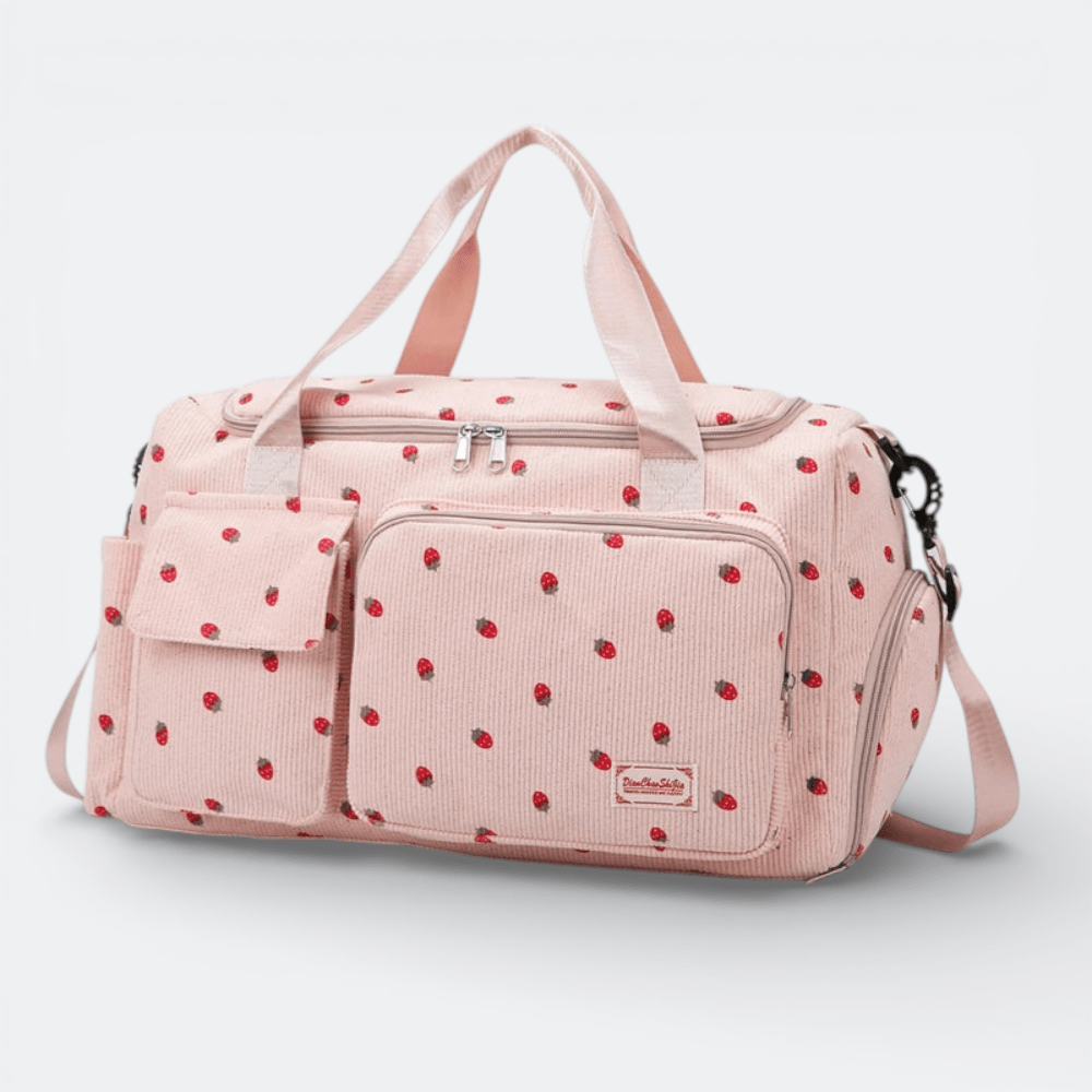 Sac de Voyage en Velours Côtelé Fraises Rose - | AïtaVia